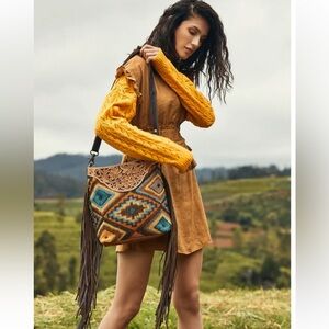 Boho Western Tooled Leather & Aztec Pattern Crossbody Purse BNWT